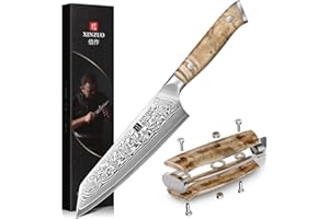 XINZUO 14,8cm Couteau de Chef Kiritsuke Acier Damas -Noyau en Acier 10Cr15CoMoV Couteau de Cuisine Forgé à la Main Lames Tranchantes-pour Viande, Poisson, Légumes-Poignée en Bois de Sycomore Figuré