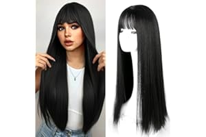 FENYW Lungo Dritto Parrucche Nere per le Donne 72CM Parrucche da Donna con Morbidi Capelli Lunghi Lisci, Natura Resistente al calore Fibra sintetica Parrucche, Parrucca Nera per Quotidiano Cosplay