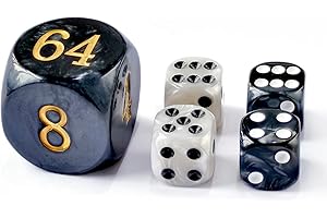 BESCON DICE Backgammon-Perlen-Würfel-Set, 30 mm, großer Backgammon-Doppelwürfel plus 4 x 16 mm Würfel (Schwarz/Weiß marmoriert), 5-teiliges Set, 30 mm