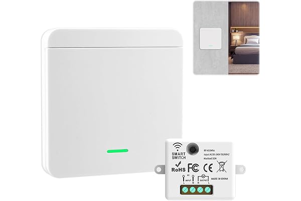 Trådlös ljusbrytarsats med 1 strömbrytare och 1 mottagare | 10A 230V 433MHz, inget behov av Wi-Fi, brett RF-räckvidd, programmerbar och expanderbar, inomhus och utomhus