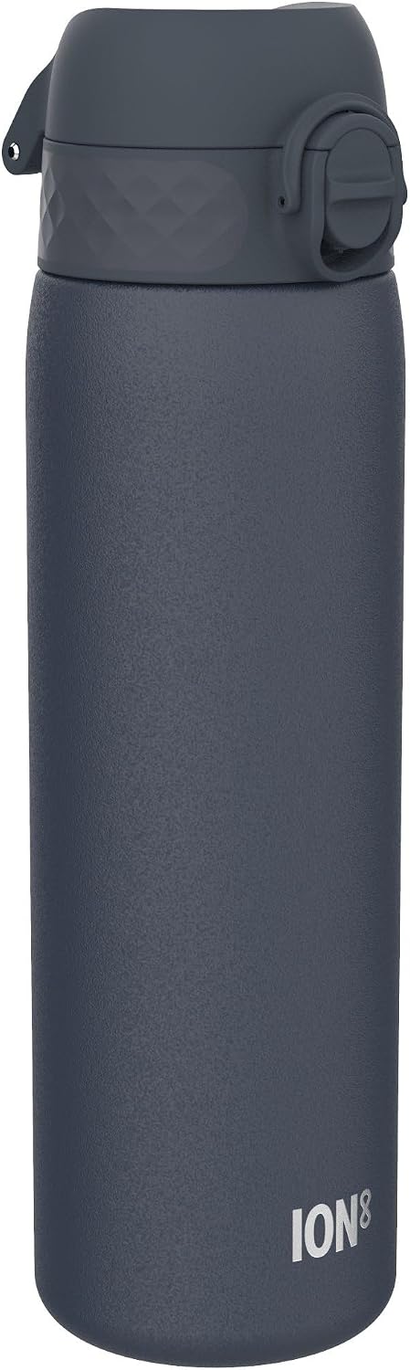 ION8 Gourde Inox Léger, 600ml, Non Isolé, Anti-Fuite, Facile à Ouvrir, Verrouillage Sécurisé, Lavable au Lave-Vaisselle, Poignée de Transport, Durable et Résistant aux Rayures, Bleu Marine Cendré