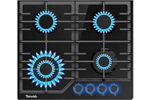 TOPWISH placa de gas butano 4 fuegos, cocina de gas butano, con azul mando giratorio iluminado, NG/LPG convertible, válvulas de seguridad, encendido eléctrico, 8000W, 60cm