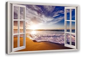 Feeby Tableau DIY Toile Plage Décoration Vue Depuis la fenetre Marron 140x100 cm