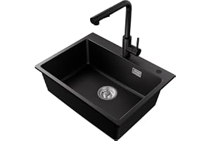 Diskbänk 60 × 45 cm svart granit med utdragbar kökskran, diskbänk kök 1 handfat inbyggd diskbänk med vattenkran set