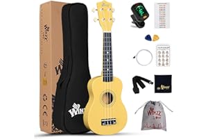 Winzz Ukulélé Soprano Kit de Démarrage pour Débutants avec Étui Souple Accordeur Amovible Cordes Supplémentaires Sangle Plectre Autocollants de Frette Carte d’accords Tissu de Polissage Bébé Jaune