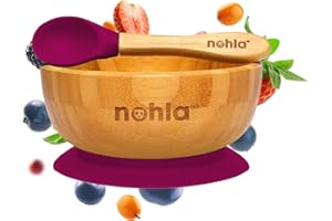 nohla ® - Bamboo Baby Weaning Suction Bowl and Spoon Set - Cherry - 350ml Capacity - 100% Natural & Organic, BPA-Free Silicone - Toddler Mealtime Essentials