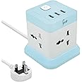 Gzar Cube Power Strip Tower, 4 Outlet Plug Sockets & 3 USB Ports, 1.5M Extension Cord, Surge Protector, Compact Portable Multi Charging Station for Home, Office, Travel - Blue