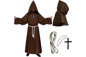 Puddry Kostium mnicha dla dorosłych, męski, na Halloween, średniowieczny płaszcz z dużą peleryną z kapturem, pasek ze sznurkiem i krzyżem, renesansowa szata cosplay, fantazyjny kostium kapłana