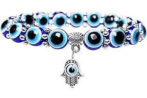 ZHIHUI Evil Eye Hamsa Blue Beaded Charm Stretch Bracelet Hand of Fatima Turkish Lucky Evil Eye Bracelet for Protection and Blessing
