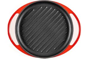 Lätt Home Bistecchiera Antiaderente in Ghisa Smaltata. Padella Grill Rossa Rotonda 26cm. Piastra per Piano Cottura Induzione Elettrico, Gas e Forno. Ideale per grigliare Carne, Pesce e Verdure