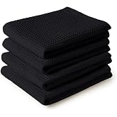 Encasa XO Black Cotton Tea Towels &amp; Tea Towels | Flat Weave Waffle Tea Towel | Kitchen Towel Set | 70 x 45 cm | Reusable and
