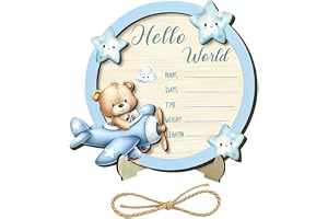 Wooden Double-Layer Construction Blue Newborn Birth Announcement Sign, Hello World Welcome Name Plaque Display for Photo Props, Baby Shower Keepsake Gift, Hospital, Nursery Room Decor