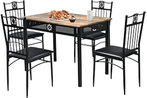 GiantexUK 5 Pieces Dining Table Set, Steel Frame Wooden Table and 4 High Back Chairs, 4-Seater Table and Chair Set for Home, Kitchen, Dining Room & Restaurant (Black)