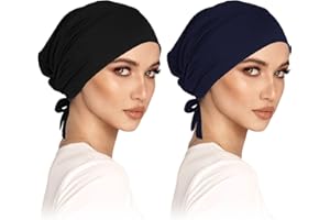 WLERTCOP Pack of 2 Turban Women's Undercap Hijab Cap Underscarf Classic Slouch Beanie Hat Islamic Muslim with Tie Back Solid Colour Headwear Chemo Headscarf Sleep Hat