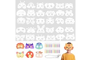 Toivize 32 Stück Tiermasken für Kinder, Blanko Masken zum Ausmalen Kreative Masken Kinder mit Elastische Schnur und Aquarellstifte für Halloween, Weihnachten, Bühnenaufführungen, Themenpartys