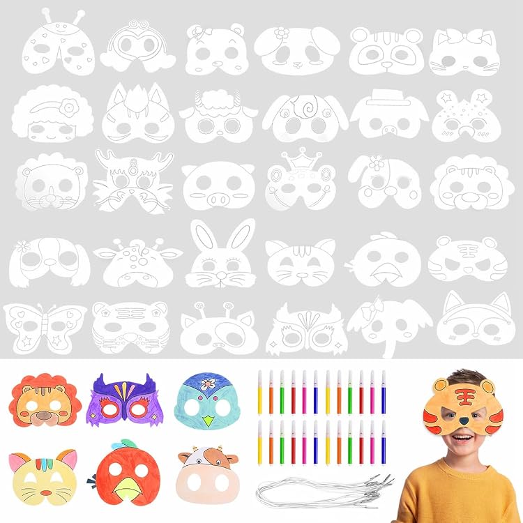 28 Masques à Peindre Animaux Pour Enfants - Kit Créatif Avec Stylos Aquarelle