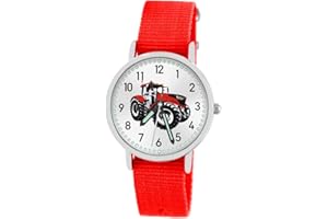 Pacific Time Montre-bracelet pour enfant garçon tracteur rouge tracteur montre enfant voiture voiture bracelet textile aiguilles lumineuses analogique quartz, 87674 - Rouge, bracelet