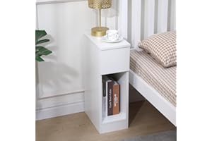 Pantanal Slim Bedside Table Cabinet White with Drawer and Shelf, Small Wood Nightstand Sofa Side End Table for Bedroom Living Room Narrow Corner Space(White)