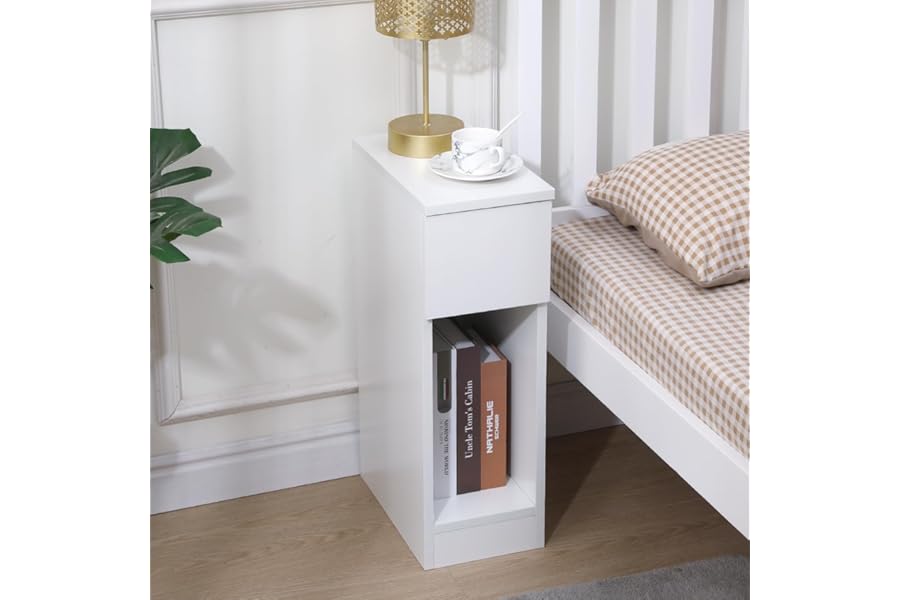 Pantanal 20CM Slim Bedside Table Cabinet White with Drawer Shelf, Small Narrow Wood Bed Side Table End Table Nightstand for Bedroom Living Room