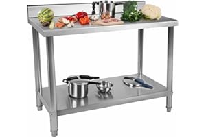 Royal Catering Table De Travail Cuisine Plan Professionnel Table Préparation Confection Boucher avec Tablette Étagère Dosseret RCAT-100/60-S (Capacité : 114 kg (90 kg + 24 kg), Pieds Réglables, INOX)