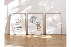 MEINBABY123 Set di 3 immagini per cameretta dei bambini, formato DIN A$, poster da parete con scritta, decorazione arcobaleno, decorazione per la cameretta dei bambini (orso e arcobaleno)