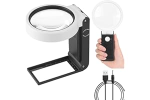 Xnourney Magnifying Glass 10X 30X with Light and Stand, Handheld Standing LED Illuminated Magnifier, Folding Reading Magnifying Glass with for Seniors Read, Coins, Stamps, Map, Jewelry, Close Work
