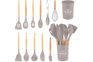 TINA&CO Juego de 12 Utensilios de Cocina de Silicona con Mango de Madera - Kit de Cocina Completo de Menaje, Antihaderente, Resistentes al calor y Duraderos (Beige)
