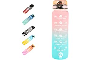 WHIPY 1 Litre Motivational Fitness Sport Water Bottles with Straw & Time Maker, Leak-proof, BPA-free Plastic Drink Bottle 1l Design for Girls, Boy Running,cycling (Blue and Pink, 32 OZ)