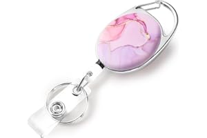 Jeffdad Chowane kołowrotki do identyfikatorów, dwustronny wzór z kolorowym nadrukiem, chowany brelok, marmurowe uchwyty klips na plakietkę i breloczek do kluczy, trwała nylonowa lina (różowy marmur)