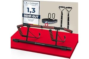 ‎SPORTSTECH Sportstech Pullmate Klimmzugstange für Zuhause zum Einhängen, Türrahmenmontage ohne Schrauben, verstellbar, rutschfeste Griffe, inkl. Klimmzughilfe und Schlingentrainer, 200 kg belastbar, Calisthenic