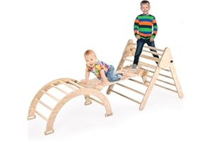BommJokker Pikler Triangle Indoor Climbing Frame for Toddlers 3 in 1 Montessori Wooden Toddler Climbing Frame Set Toddlers Rock with Ramp and Arch Climbing Triangle(Natural, Large)