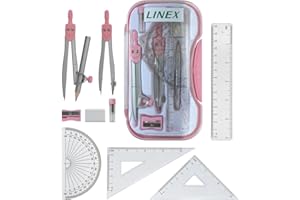 Linex Maths Geometry Set with Transparent Case – Pink 10-Piece Exam Kit Featuring Compass, Protractor, Ruler, Set Squares & Eraser