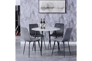 ‎GOLDFAN GOLDFAN Runder Esstisch Set 4 Esszimmerstühle Glastisch Marmor und 4 Samt Stühle Schwarze Metallbeine Kleines Wohnzimmer Büro Tisch Set, Grau