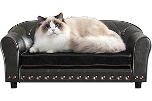 PWTJ Pet Sofa with Removable Cushion Cover, PU Leather Dog Cat Bed with Brass Nail Decor & Stitched Backrest, Elegant Design for Living Room (Black)
