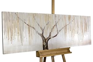 KunstLoft Tableau peinture moderne | 100% PEINT À LA MAIN | 150x50cm | Peinture sur toile 'Saule pleureur dans la brume' | Arbres & forêt | Beige | Deco murale salon