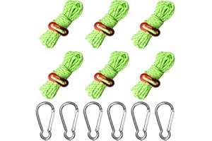 cailiya 6 Pezzi Corda da Campeggio, Corda per Tenda da Campeggio in Nylon Corda da Paracadute Corda Regolabile per Tenda con Fibbia-Verde + 6 Pezzi Moschettone Argento