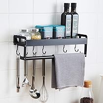 Barra Portautensili Cucina Con 8 Ganci - In Alluminio, 40 Cm, Nero, Con Colla E Viti