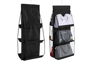 INHEMI Organiseur de Sac à Main Suspendu, Sac de Rangement pour Armoire, Placard, Système d’organisateurs,6 Poches Anti-poussière，Compartiment Transparent,Non Tissé - Nero