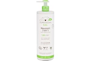 Alphanova, Bain moussant pour bébé, 3 en 1 - Bain corporel, shampooing et bain moussant, hypoallergénique, ne pique pas les yeux - Biologique - 500ml