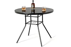GOPLUS Table de Jardin Ronde 86 CM, Table d' Extérieure avec Trou pour Parasol, Table à Manger en Verre Trempé avec Cadre en Métal, Table de Bistro pour Patio, Terrasse, Bord de Piscine