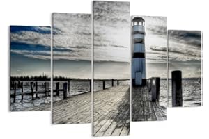 ARTTOR Lienzos decorativos 150x100cm Cuadro Sobre Lienzo Moderno Lago faro puente de madera el agua Grande Dormitorio Cuadros Pared Tríptico 5 Piezas Cuadros Decoracion Salon Wall Art Prints EA150x100-0330