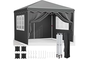 LIFERUN Pavillon 3x3, Faltpavillon Stabil Winterfest mit Oxford, UV Schutz 50+, Faltpavillon mit Seitenteilen, 4 PCS Sandsack, Gartenpavillon Höhenverstellbar, Faltbare Pavillon Zelt für Camping Grau