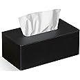 Tissue Box Cover Rectangular PU Leather Facial Tissue Dispenser Box Holder for Dresser Bathroom Decor (Black)