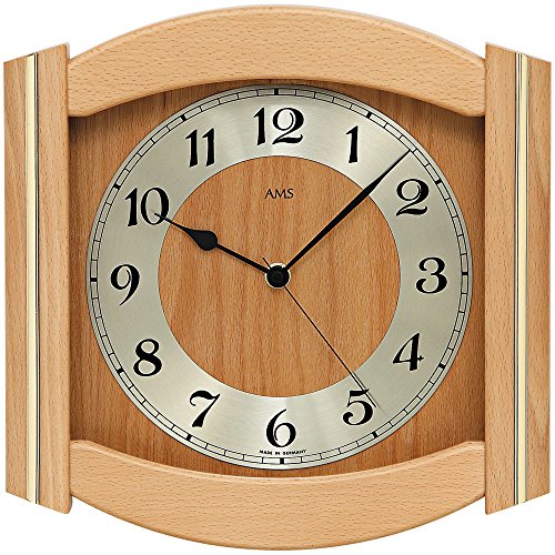 AMS Holz Wanduhr Funk, Funkuhr hell aus Buche massiv - Wohnzimmeruhr Küchenuhr Landhausstil Funkwanduhr