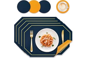BOCHION Placemats and Coaster Sets 4, Dual Sided Leather Dining Table Mats Heat-Resistant Non-Slip and Washable, Waterproof Wipeable Place Mat 30x43 cm, Easy to Clean for Home Kitchen Restaurant (Blue&Yellow)