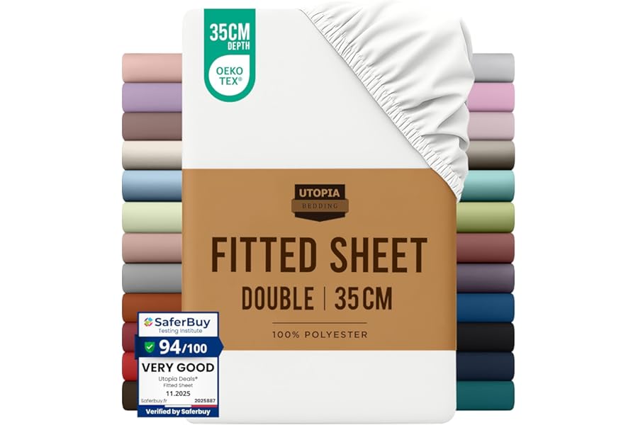 Utopia Bedding Fitted Sheet Double, White - Deep Pocket 14 inch (35 cm) - Easy Care - Soft Brushed Polyster - Microfibre Fabric - Shrinkage and Fade Resistant - Bottom Sheet