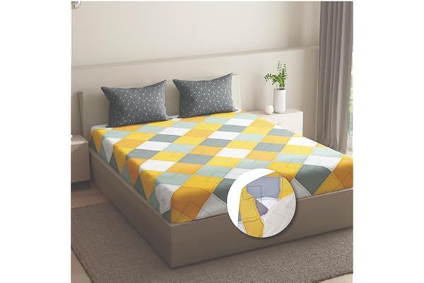 Wakefit Cotton Fitted Bedsheet 300 TC Elastic Fitted Sheet, Queen Bed Bedsheet With 2 Pillow Geometric Covers Mario - 78X60 Inches, Multicolor
