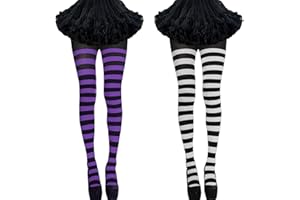 FAMCUCHE 2 Pairs Striped Tights, Black and Purple, Black and White Striped Tights, Elf Opaque Tight for Women, Stripy Tight Women for Cosplay Party Costume Dress Up