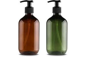 YIBANG 2 Pcs Empty Press Pump Bottles, 500ML/17oz Refillable Bottle for Cooking Sauces, Plastic Liquid Soap Dispenser Refillable Container for Essential Oils, Lotions, Shampoo, Conditioner (Brown Green)