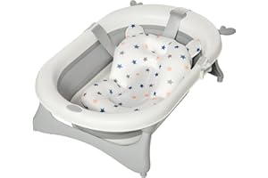 HOMCOM Foldable Baby Bathtub Set, Collapsible Bath Tub with Thermostatic Water Plug, Non-Slip Support, Cushion Pad, Drain Plugs, for Newborn to 3 Years - Offwhite